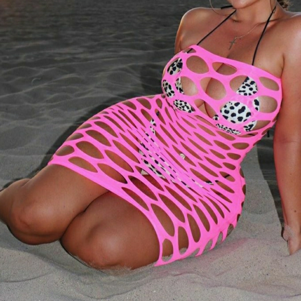 Fishnet Mini Dress Beach Cover Up Hot Pink